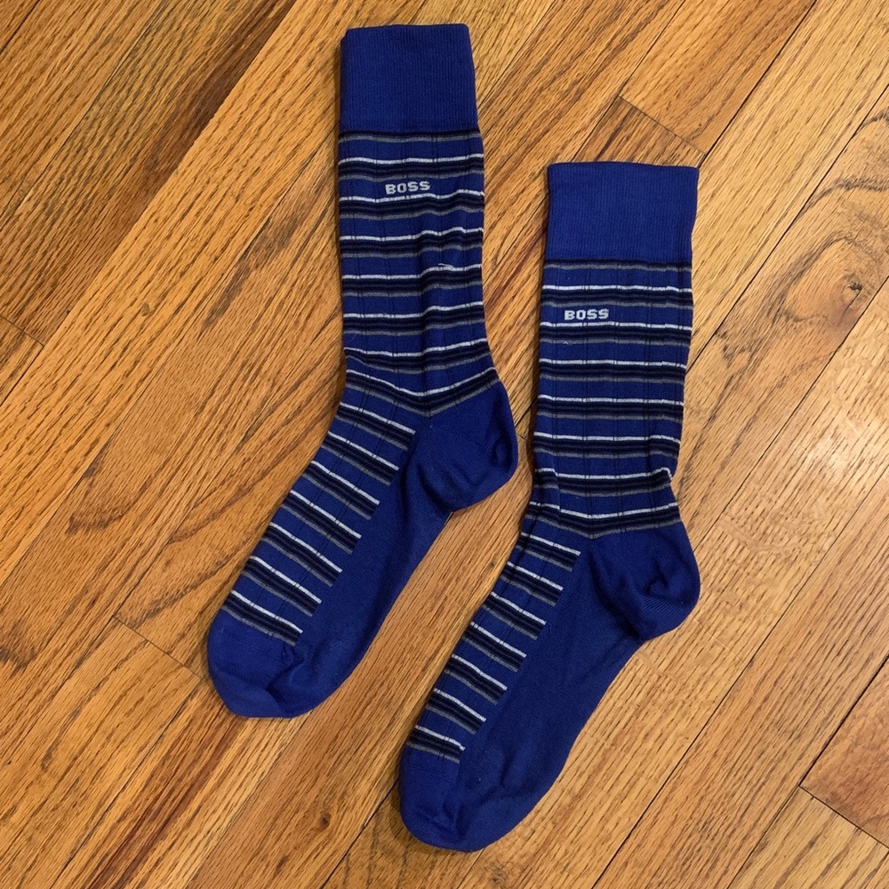 Boss Men's Navy and Gray Striped Socks